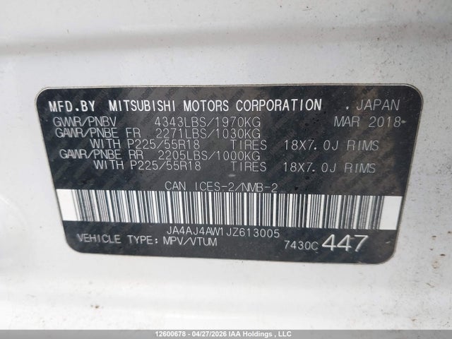 Продаж на аукціоні авто 2018 Mitsubishi Rvr Se Limited/gt, vin: JA4AJ4AW1JZ613005, номер лоту: 12600678