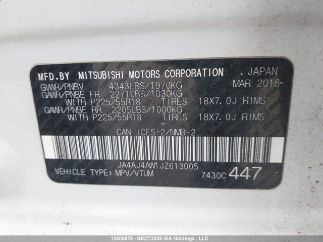 Продаж на аукціоні авто 2018 Mitsubishi Rvr Se Limited/gt, vin: JA4AJ4AW1JZ613005, номер лоту: 12600678