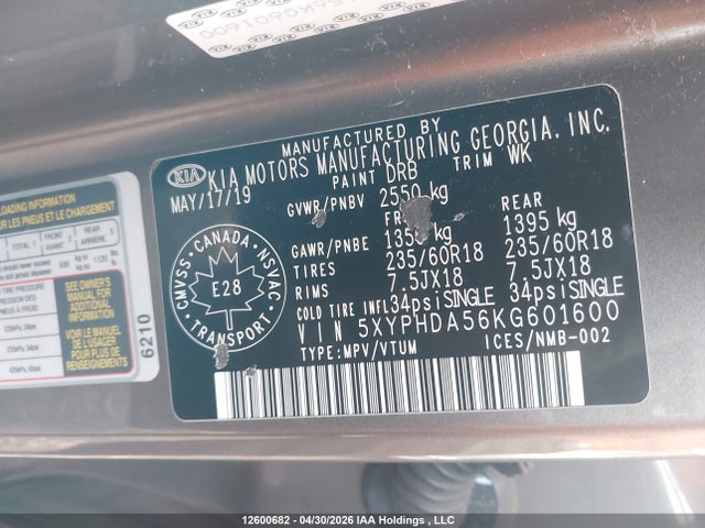 12600682 :رقم المزاد ، 5XYPHDA56KG601600 vin ، 2019 Kia Sorento 3.3l Ex/3.3l Ex+ مزاد بيع