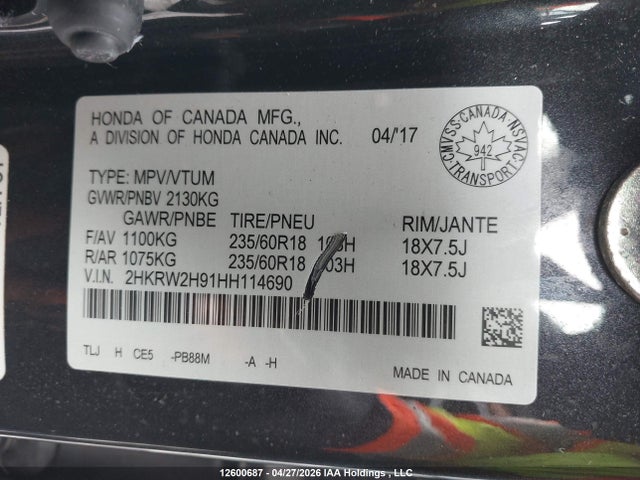 2HKRW2H91HH114690 Honda Cr-v Touring