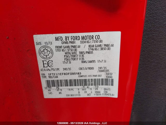 Продаж на аукціоні авто 2013 Ford F150 Super Cab, vin: 1FTFX1EF8DFB85183, номер лоту: 12600690