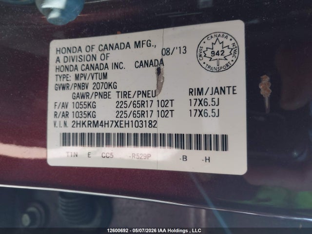 Aukcja sprzedaży 2014 Honda Cr-v Exl, vin: 2HKRM4H7XEH103182, numer aukcji: 12600692