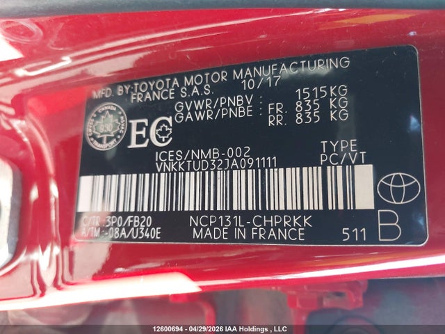 2018 Toyota Yaris L/le/se მანქანა იყიდება აუქციონზე, vin: VNKKTUD32JA091111, აუქციონის ნომერი: 12600694