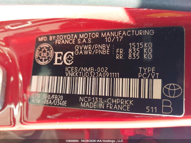 2018 Toyota Yaris L/le/se მანქანა იყიდება აუქციონზე, vin: VNKKTUD32JA091111, აუქციონის ნომერი: 12600694
