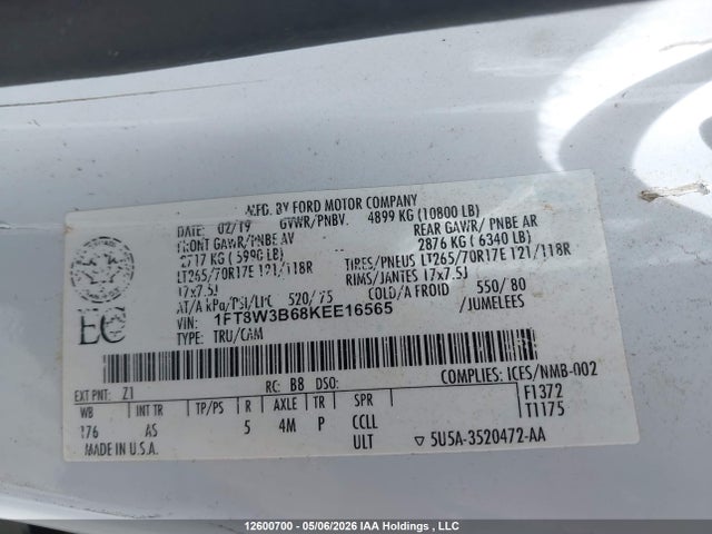 2019 Ford F-350 Xl მანქანა იყიდება აუქციონზე, vin: 1FT8W3B68KEE16565, აუქციონის ნომერი: 12600700