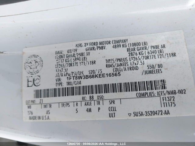 2019 Ford F-350 Xl მანქანა იყიდება აუქციონზე, vin: 1FT8W3B68KEE16565, აუქციონის ნომერი: 12600700