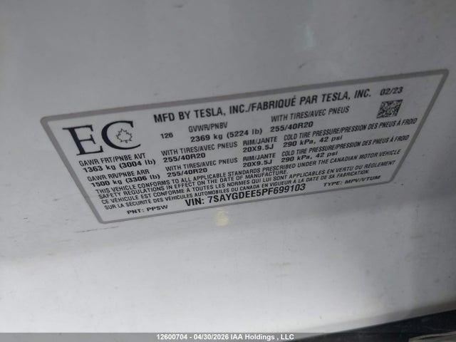 7SAYGDEE5PF699103 Tesla Model Y