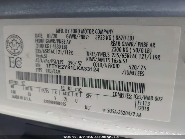 Продажа на аукционе авто 2020 Ford Transit T-150, vin: 1FTYE2Y81LKA33124, номер лота: 12600706