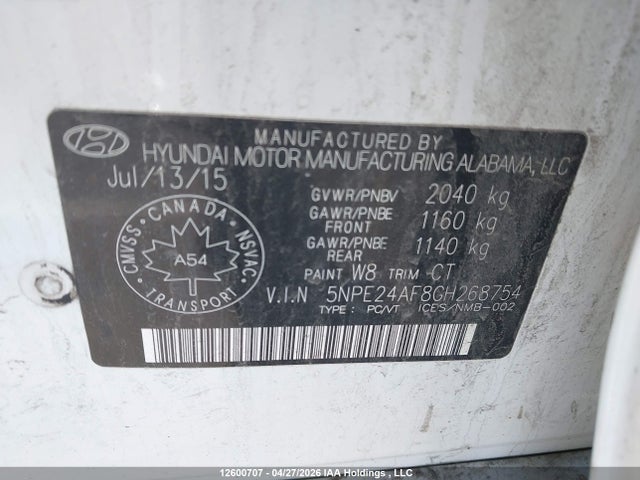 2016 Hyundai Sonata Se მანქანა იყიდება აუქციონზე, vin: 5NPE24AF8GH268754, აუქციონის ნომერი: 12600707