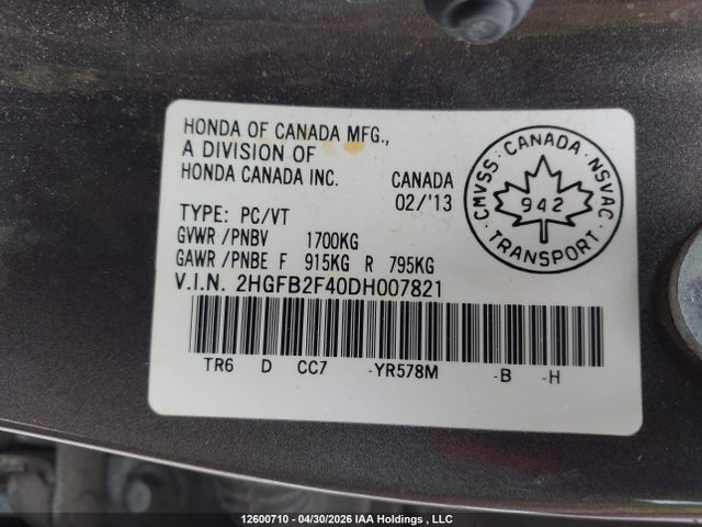 Продажа на аукционе авто 2013 Honda Civic, vin: 2HGFB2F40DH007821, номер лота: 12600710