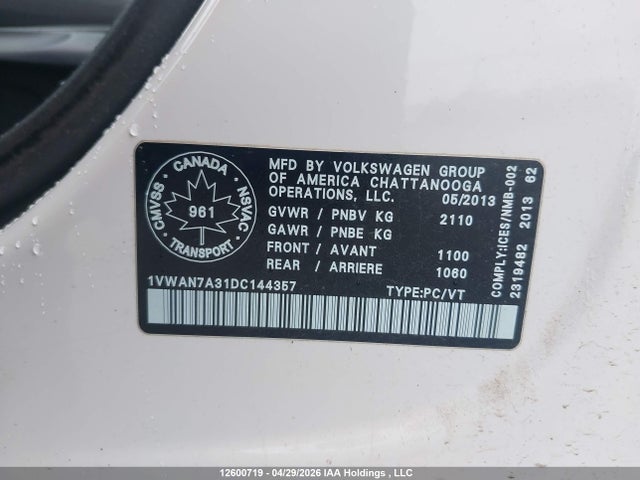 Aukcja sprzedaży 2013 Volkswagen Passat S, vin: 1VWAN7A31DC144357, numer aukcji: 12600719