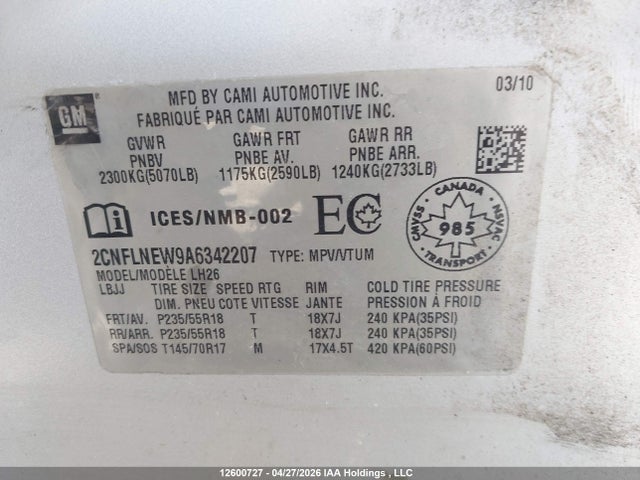 2010 Chevrolet Equinox მანქანა იყიდება აუქციონზე, vin: 2CNFLNEW9A6342207, აუქციონის ნომერი: 12600727