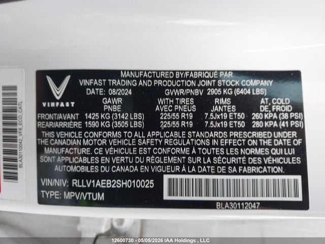 Продажа на аукционе авто 2025 Vinfast Vf 8 Eco, vin: RLLV1AEB2SH010025, номер лота: 12600730
