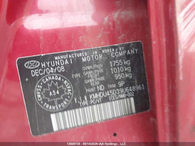 Aukcja sprzedaży 2009 Hyundai Elantra Gl/l, vin: KMHDU45D39U648961, numer aukcji: 12600735