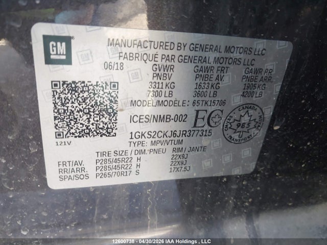 12600738 :رقم المزاد ، 1GKS2CKJ6JR377315 vin ، 2018 Gmc Yukon Denali Denali مزاد بيع