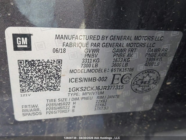 12600738 :رقم المزاد ، 1GKS2CKJ6JR377315 vin ، 2018 Gmc Yukon Denali Denali مزاد بيع