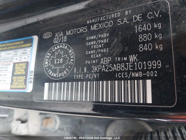 12600740 :رقم المزاد ، 3KPA25AB8JE101999 vin ، 2018 Kia Rio Lx/lx+ مزاد بيع