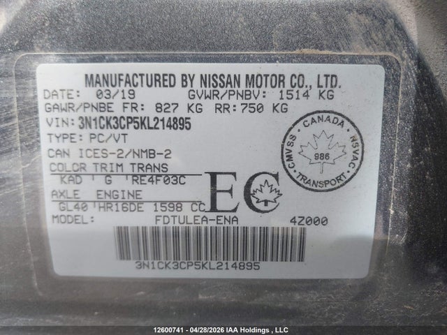 12600741 :رقم المزاد ، 3N1CK3CP5KL214895 vin ، 2019 Nissan Micra S/sr/sv مزاد بيع