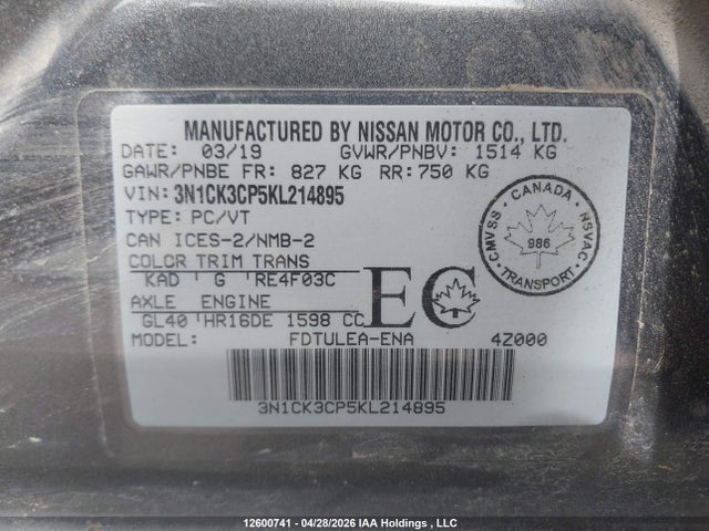 12600741 :رقم المزاد ، 3N1CK3CP5KL214895 vin ، 2019 Nissan Micra S/sr/sv مزاد بيع