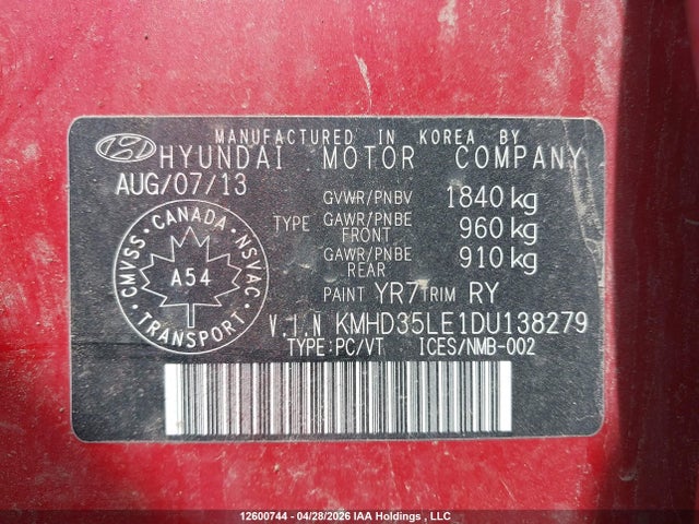 2013 Hyundai Elantra მანქანა იყიდება აუქციონზე, vin: KMHD35LE1DU138279, აუქციონის ნომერი: 12600744