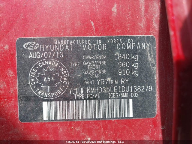 2013 Hyundai Elantra მანქანა იყიდება აუქციონზე, vin: KMHD35LE1DU138279, აუქციონის ნომერი: 12600744