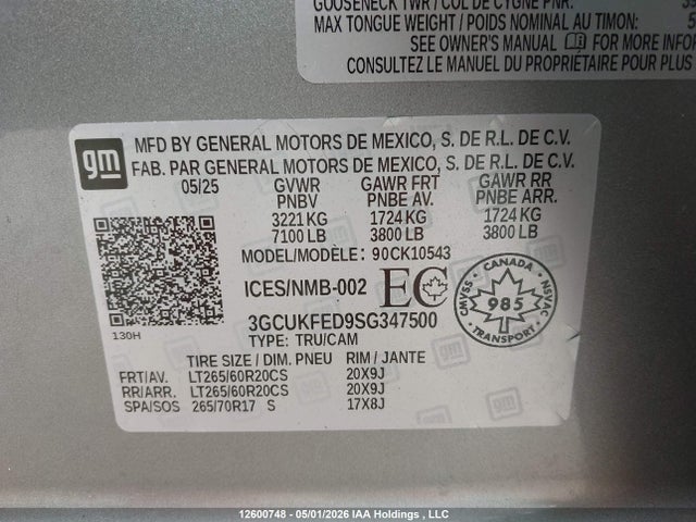 2025 Chevrolet Silverado 1500 მანქანა იყიდება აუქციონზე, vin: 3GCUKFED9SG347500, აუქციონის ნომერი: 12600748