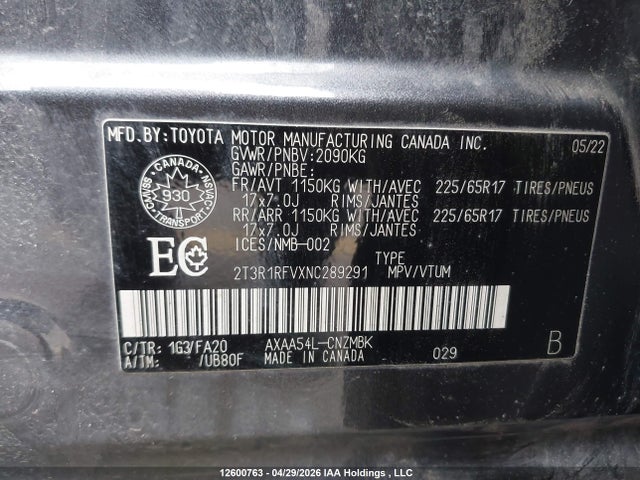 12600763 :رقم المزاد ، 2T3R1RFVXNC289291 vin ، 2022 Toyota Rav4 مزاد بيع