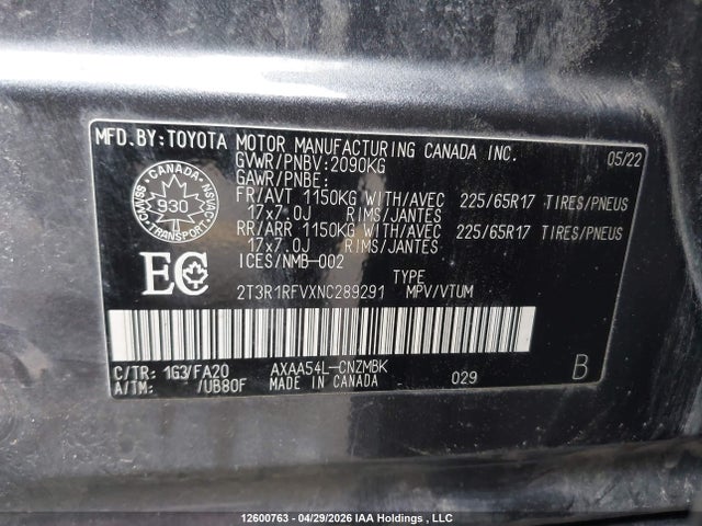 12600763 :رقم المزاد ، 2T3R1RFVXNC289291 vin ، 2022 Toyota Rav4 مزاد بيع