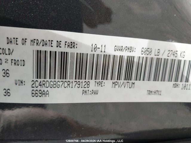 Продажа на аукционе авто 2012 Dodge Grand Caravan, vin: 2C4RDGBG7CR179128, номер лота: 12600766