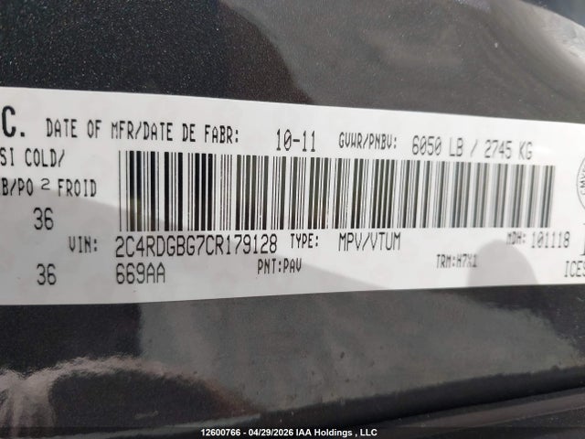 Продажа на аукционе авто 2012 Dodge Grand Caravan, vin: 2C4RDGBG7CR179128, номер лота: 12600766