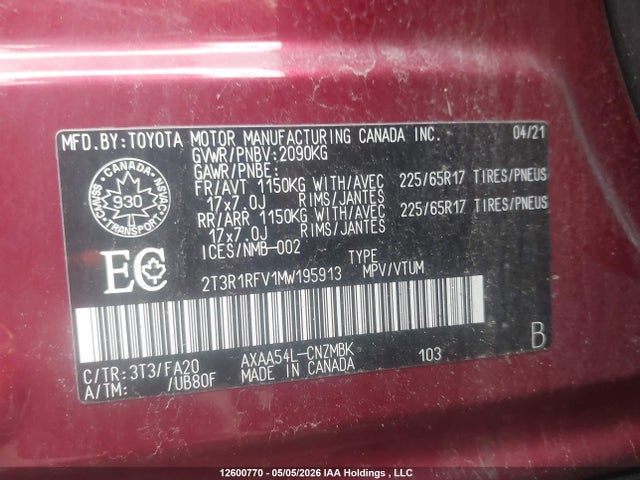 2T3R1RFV1MW195913 Toyota Rav4 Xle
