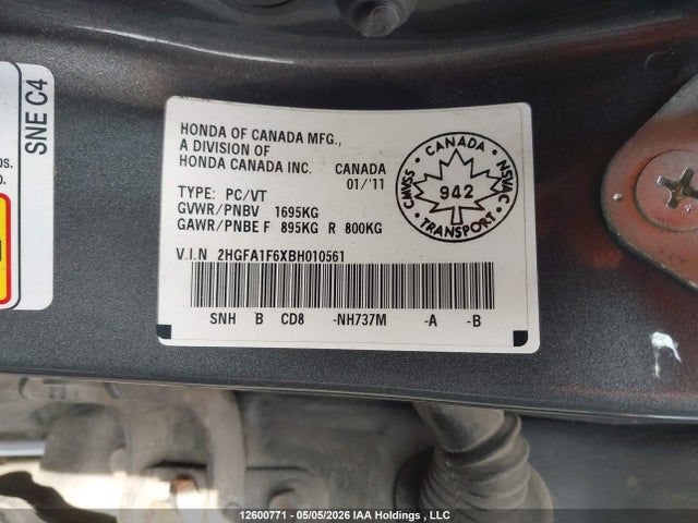 12600771 :رقم المزاد ، 2HGFA1F6XBH010561 vin ، 2011 Honda Civic مزاد بيع
