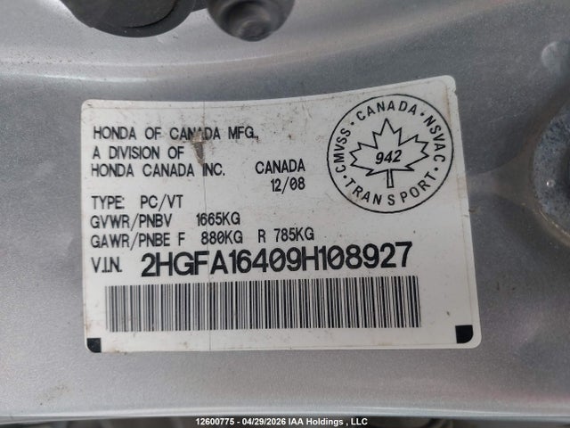 Продажа на аукционе авто 2009 Honda Civic Dx-g, vin: 2HGFA16409H108927, номер лота: 12600775