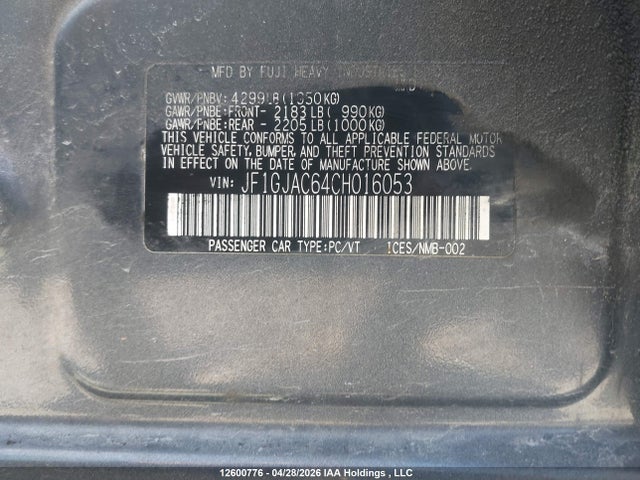 2012 Subaru Impreza Premium მანქანა იყიდება აუქციონზე, vin: JF1GJAC64CH016053, აუქციონის ნომერი: 12600776
