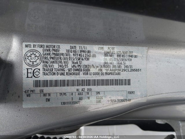 Auction sale of the 2012 Ford Focus Se, vin: 1FAHP3K29CL295851, lot number: 12600783