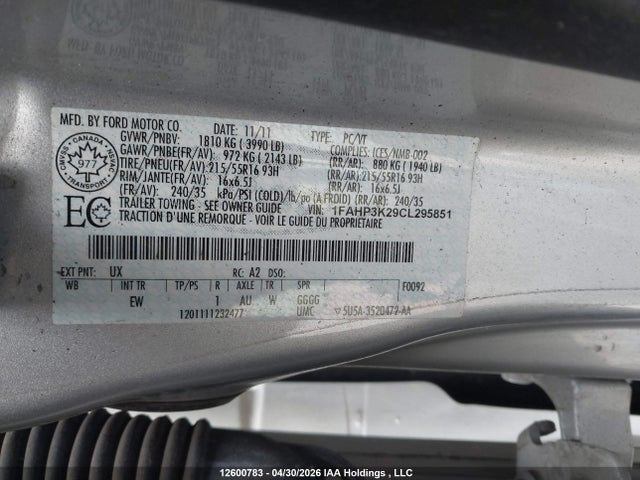 Auction sale of the 2012 Ford Focus Se, vin: 1FAHP3K29CL295851, lot number: 12600783