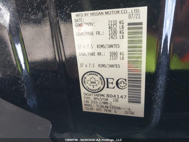 2021 Nissan Rogue მანქანა იყიდება აუქციონზე, vin: 5N1AT3AB9MC804147, აუქციონის ნომერი: 12600786