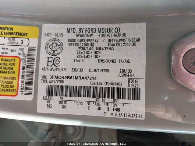 Aukcja sprzedaży 2021 Ford Bronco Sport Big Bend, vin: 3FMCR9B61MRA47614, numer aukcji: 12600797