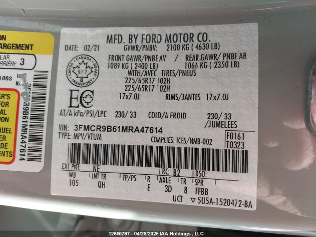Aukcja sprzedaży 2021 Ford Bronco Sport Big Bend, vin: 3FMCR9B61MRA47614, numer aukcji: 12600797