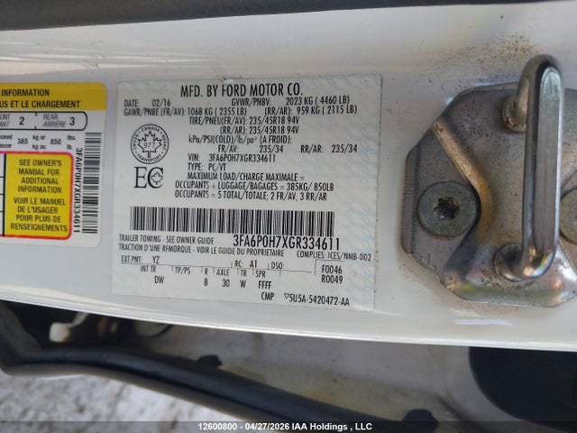 12600800 :رقم المزاد ، 3FA6P0H7XGR334611 vin ، 2016 Ford Fusion Se مزاد بيع