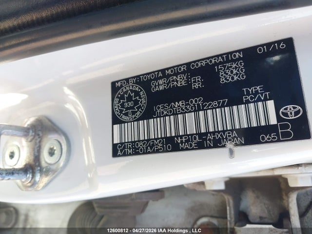 JTDKDTB33G1122877 Toyota PRIUS C