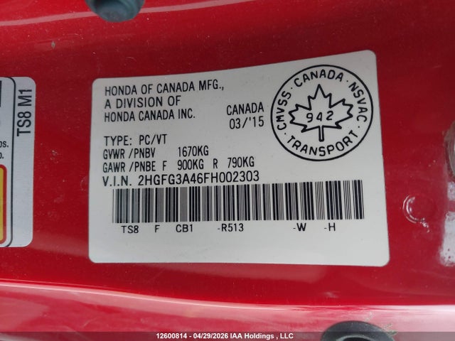 Aukcja sprzedaży 2015 Honda Civic, vin: 2HGFG3A46FH002303, numer aukcji: 12600814