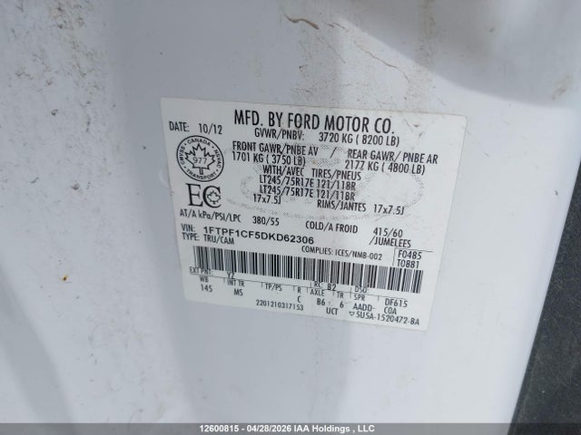 12600815 :رقم المزاد ، 1FTPF1CF5DKD62306 vin ، 2013 Ford F150 مزاد بيع