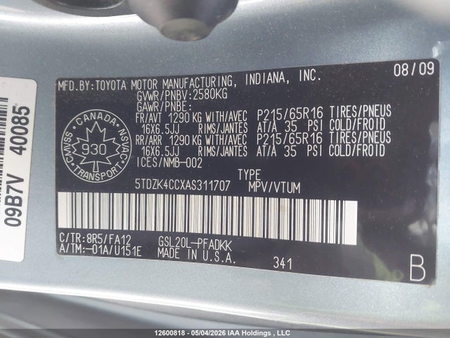 Aukcja sprzedaży 2010 Toyota Sienna Ce, vin: 5TDZK4CCXAS311707, numer aukcji: 12600818