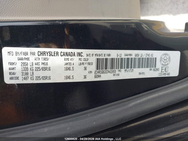 12600820 :رقم المزاد ، 2C4RDGBG3CR422059 vin ، 2012 Dodge Grand Caravan مزاد بيع