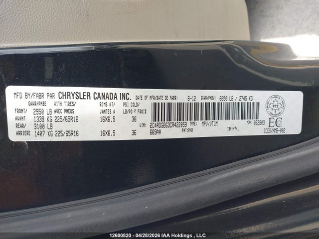12600820 :رقم المزاد ، 2C4RDGBG3CR422059 vin ، 2012 Dodge Grand Caravan مزاد بيع