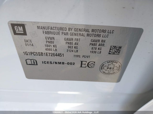 2014 Chevrolet Cruze 1lt მანქანა იყიდება აუქციონზე, vin: 1G1PC5SB1E7264451, აუქციონის ნომერი: 12600821