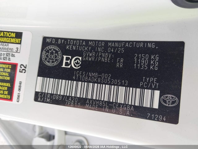 12600822 :رقم المزاد ، 4T1DBADK8SU530513 vin ، 2025 Toyota Camry Xse/xle/le/se مزاد بيع