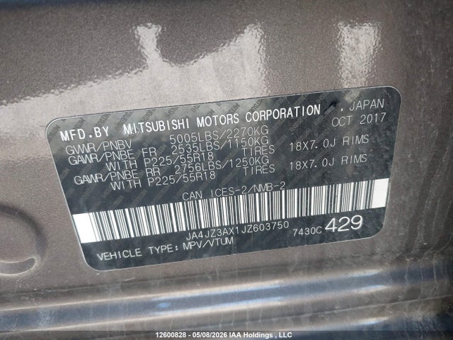 Продаж на аукціоні авто 2018 Mitsubishi Outlander Se/sel, vin: JA4JZ3AX1JZ603750, номер лоту: 12600828