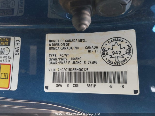 2011 Honda Civic Dx-g მანქანა იყიდება აუქციონზე, vin: 2HGFG1B38BH002128, აუქციონის ნომერი: 12600841